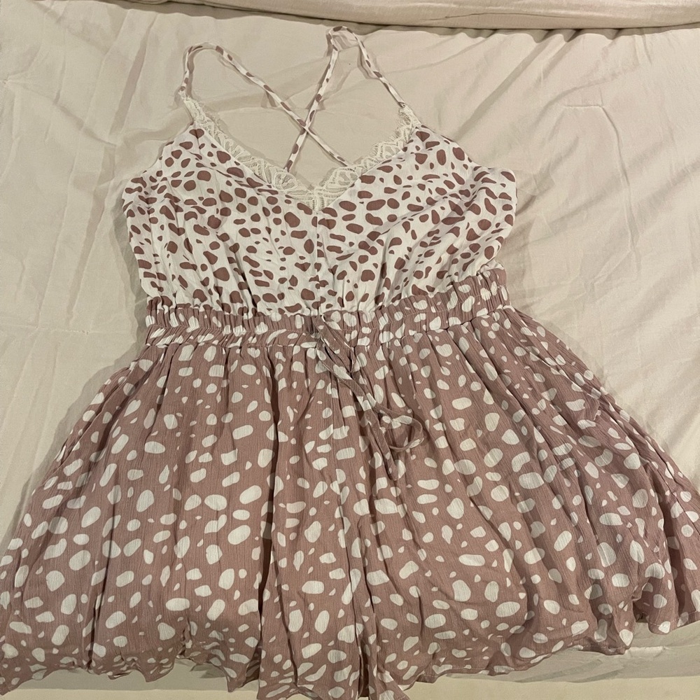 Main Strip Purple and white Spotted Romper NWT